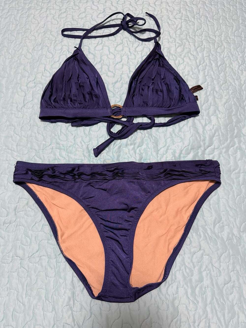 BCBGMAXAZRIA navy blue Ruffled Halter Triangle Bikini Swimsuit Set M/L